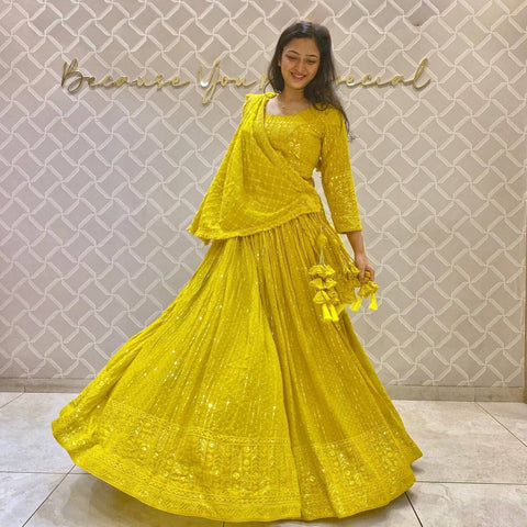 Rani and Lemon Yellow Colour Embroidered Party Wear Georgette Lehenga choli  SD 1059