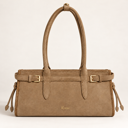 Rani Amara Oat suede shoulder bag with gold hardware, front view