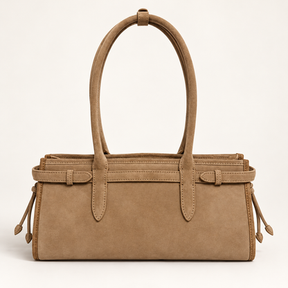 RANI Amara Oat nubuck suede bag, back view showing plain back panel and handle tabs